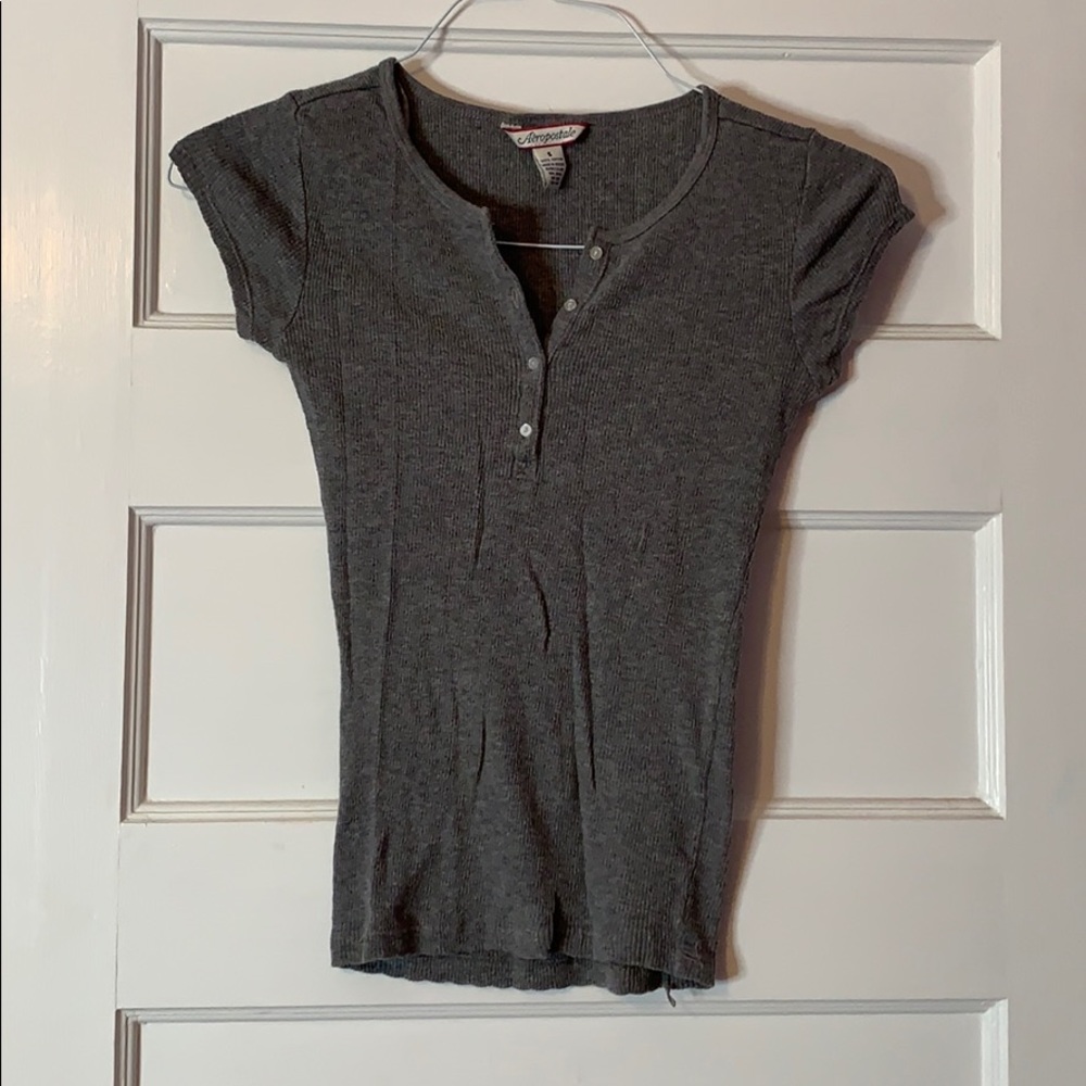 Half Button Grey Ribbed T shirt